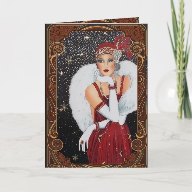 Christmas Flapper Girl Star-Drenched Night Sky Holiday Card (Front)