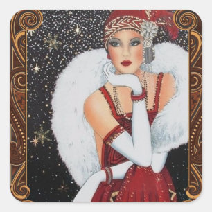 Christmas Flapper Girl Star-Drenched Night Sky Square Sticker