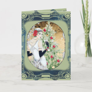 Christmas Flapper Girl With Drink and Tree Holiday Card