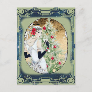 Christmas Flapper Girl With Drink and Tree Postcard