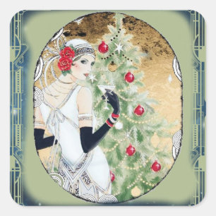 Christmas Flapper Girl With Drink and Tree Square Sticker