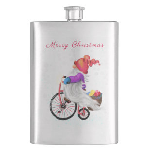 Christmas Flask Happy Gnome with Bike and Gift