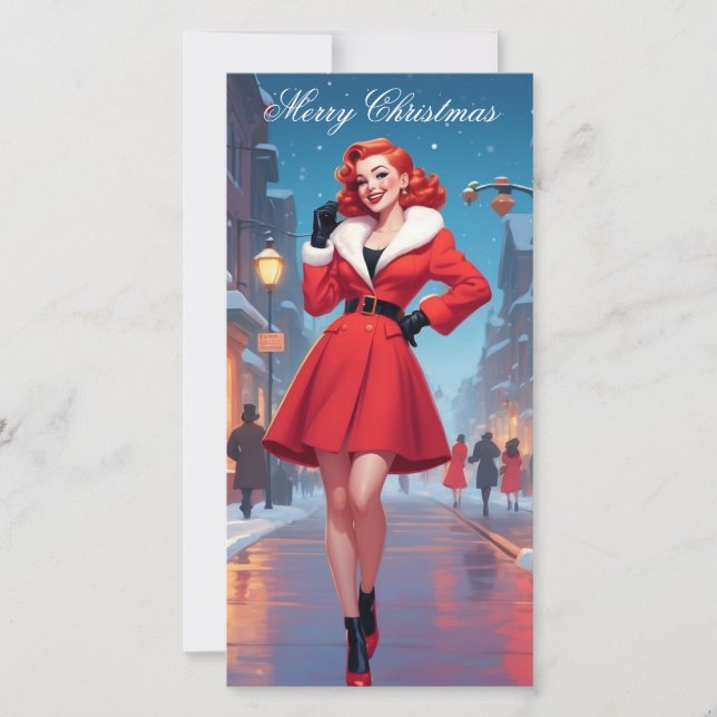 Christmas flat Card with Pin-Up girl (Front)