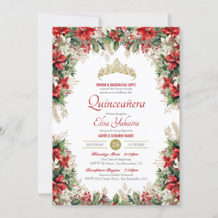 Christmas Flor de Pascua Red Holiday Quinceañera Invitation