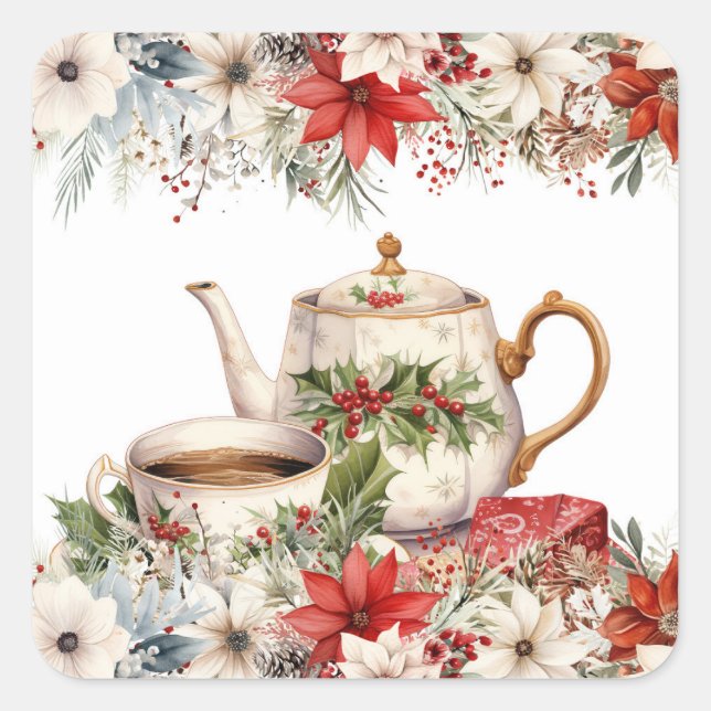 Christmas Floral Afternoon Tea Holiday Party Square Sticker (Front)