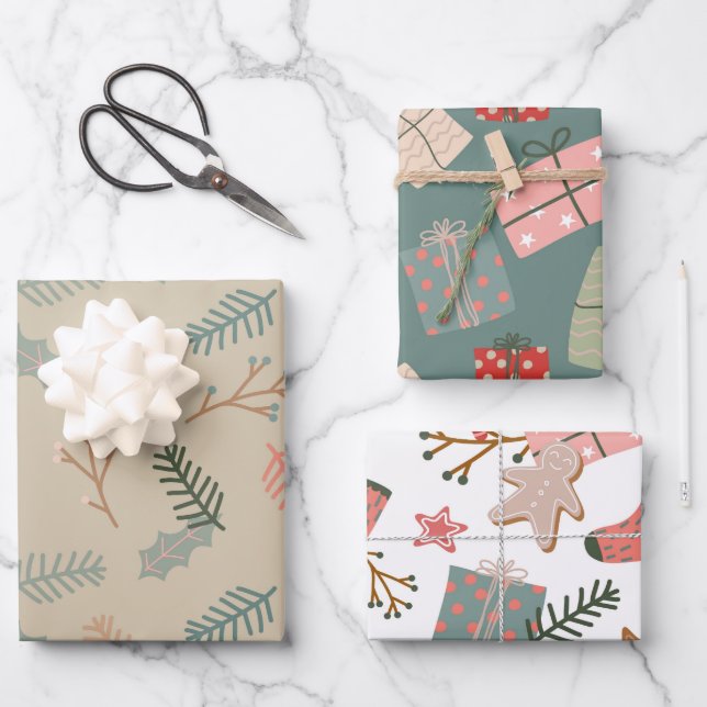 Christmas Floral and Gifts Mix of 3 Wrapping Paper Sheet (Front)