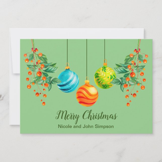 Christmas Floral And Ornaments Flat Holiday Card (Front)