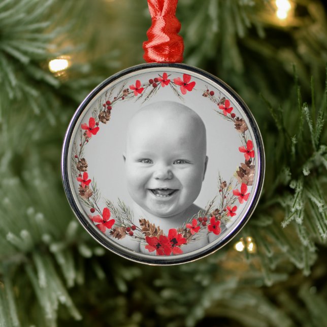 Christmas Floral and Pine - Babies Photo Metal Tree Decoration (Tree)