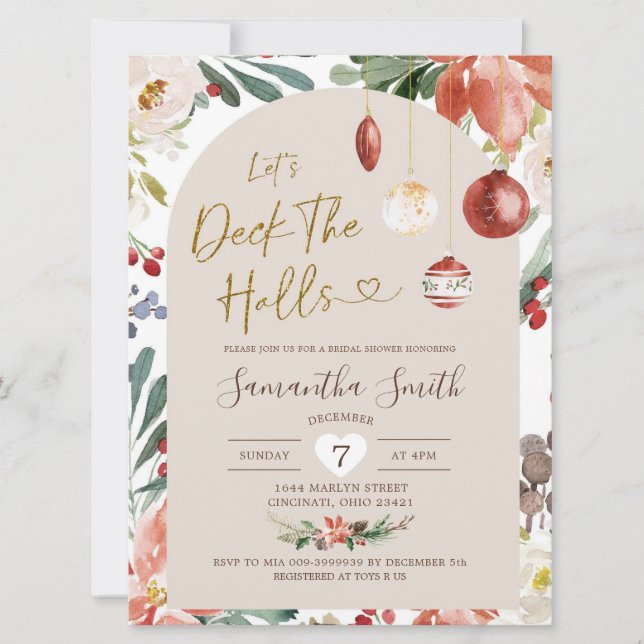 Christmas Floral Arch Deck The Halls Bridal Shower Invitation (Front)