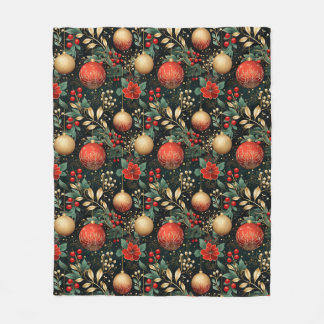 Christmas Floral Berry Gold Red Ornament Kids Fleece Blanket