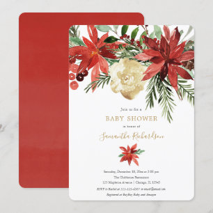 Christmas floral burgundy gold ivory baby shower invitation