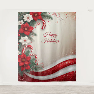 Christmas Floral Candy Canes Holiday Backdrop Tapestry