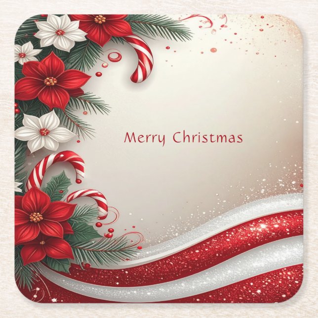 Christmas Floral Candy Canes Holiday Paper Coaster (Front)