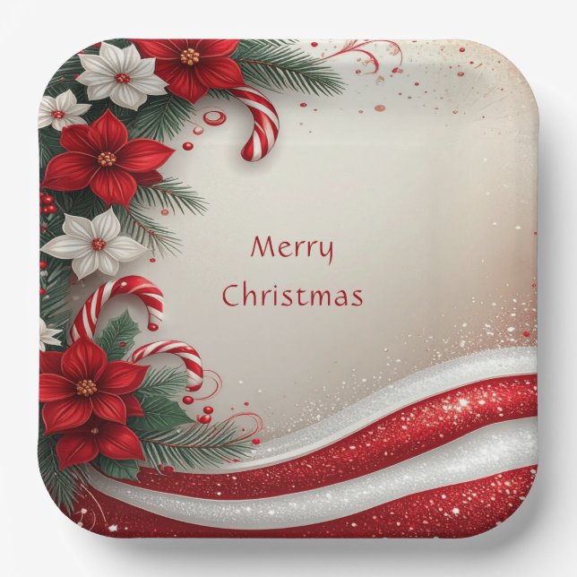 Christmas Floral Candy Canes Holiday Paper Plate (Front)