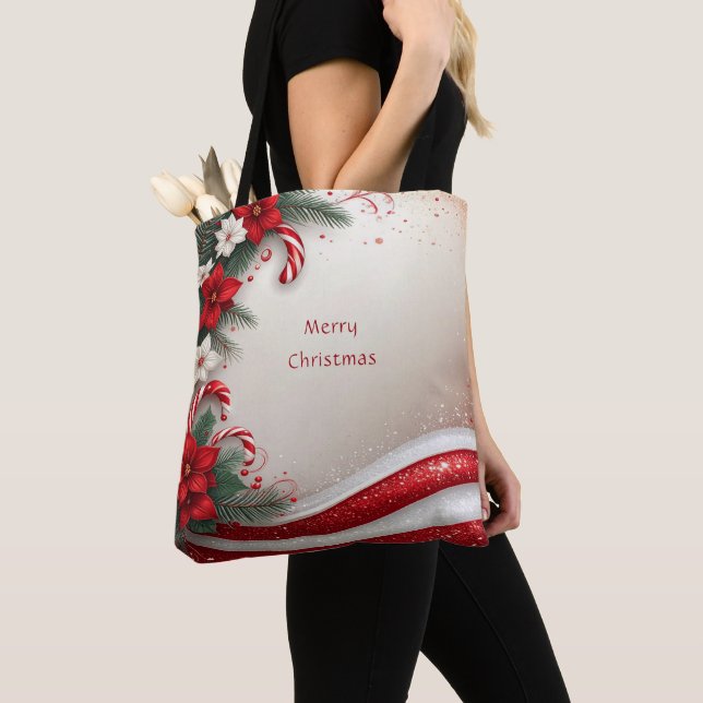 Christmas Floral Candy Canes Holiday Tote Bag (Close Up)