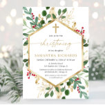 Christmas floral Christening red greenery gold Invitation<br><div class="desc">For more advanced customisation of this design,  simply select the "Customise It" button above!</div>