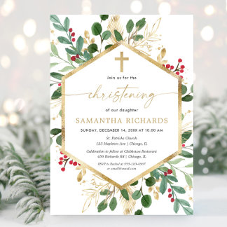 Christmas floral Christening red greenery gold Invitation