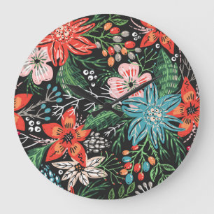 Christmas Floral Colourful Pattern Large Clock