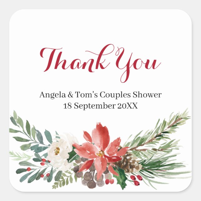 Christmas Floral Couples Shower Thank You Sticker (Front)