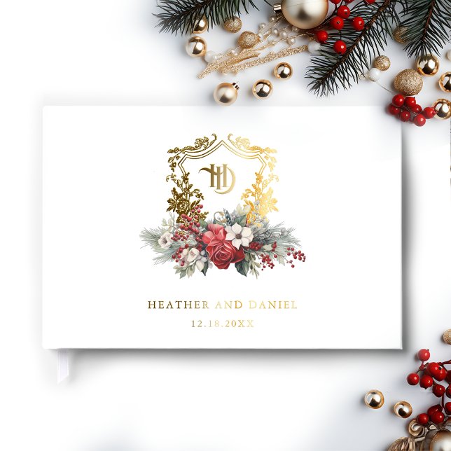 Christmas Floral Crest Monogram Wedding Guest Book (Creator Uploaded)