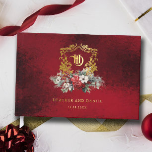 Christmas Floral Crest Monogram Wedding Guest Book