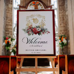 Christmas Floral Crest Monogram Wedding Welcome Poster<br><div class="desc">Timeless and elegant yet festive holiday-themed wedding design featuring classic hand-drawn gold floral crest accented by a colourful spray of red and white Christmas flowers and evergreens. This custom formal template includes editable text fields as well as custom calligraphy text graphics and a gold textured border. The outside border features...</div>
