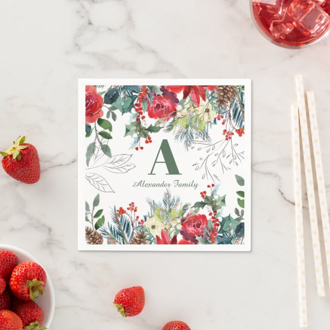 Christmas floral family elegant green monogrammed napkin (Insitu)
