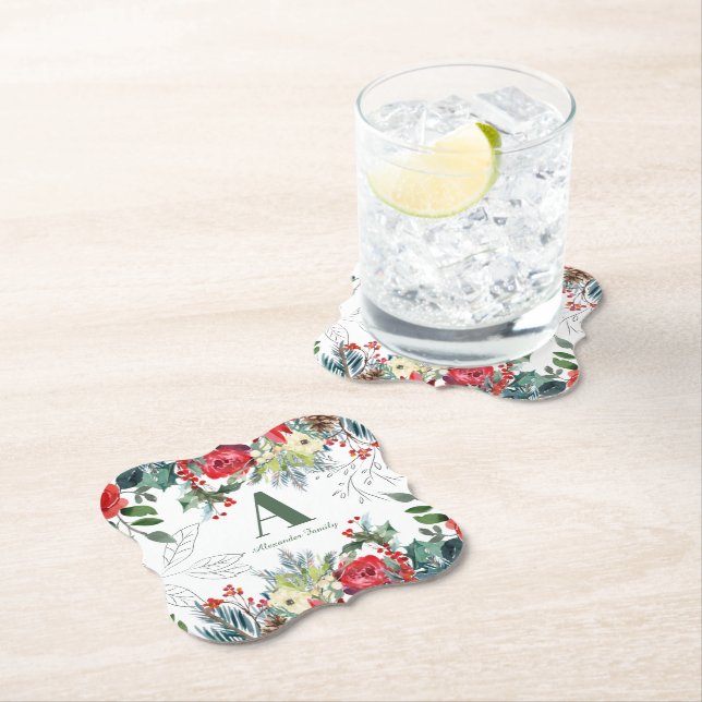 Christmas floral family elegant green monogrammed paper coaster (Insitu)