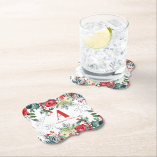 Christmas floral family elegant red monogrammed paper coaster