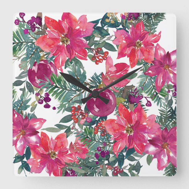 Christmas Floral Flower Art Square Wall Clock (Front)
