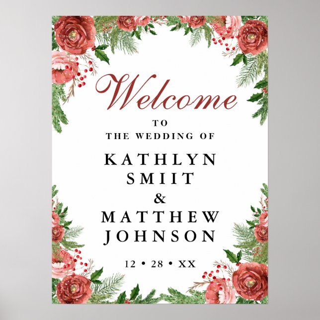 Christmas Floral Foliage Winter Wedding Welcome Poster (Front)
