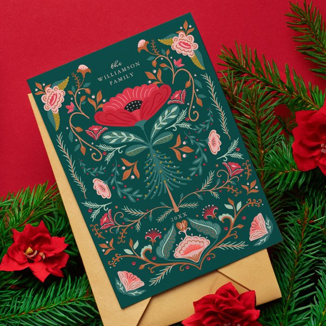 Christmas Floral Folk Art Deep Forest Green Holiday Card (Christmas Floral Folk Art Deep Forest Green Holiday Card)