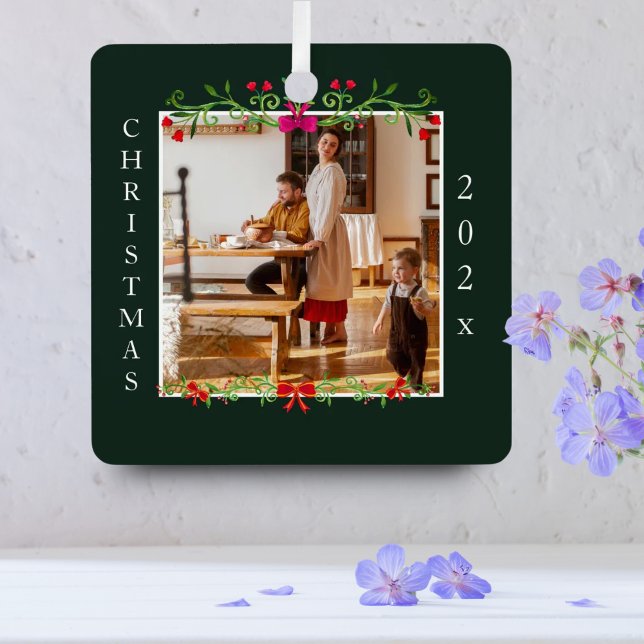 Christmas Floral Frame Cute Custom Family Photo Metal Tree Decoration (Creator Uploaded)
