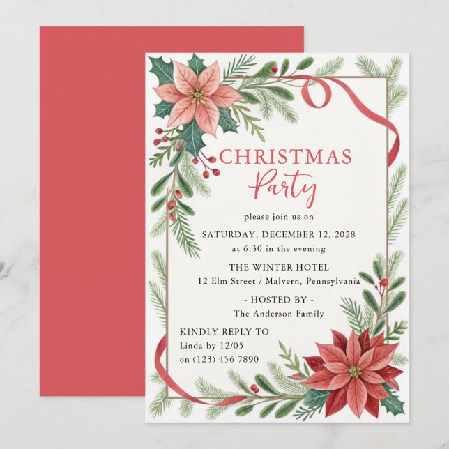Christmas Floral Frame Holiday Party Invitation (Front/Back)
