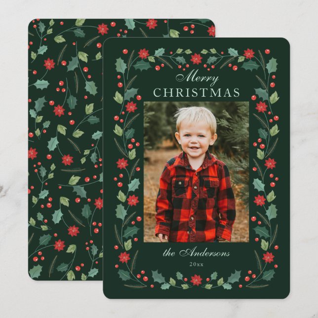 Christmas floral Frame Photo Green Holiday Card (Front/Back)