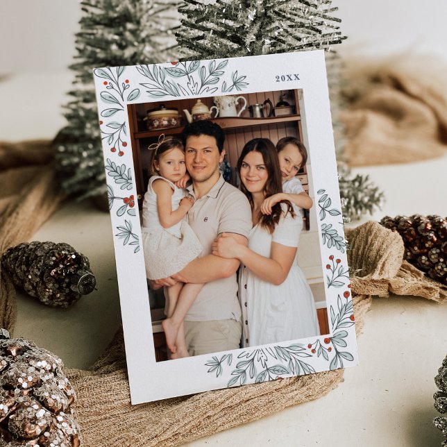 Christmas Floral Frame Photo Holiday Card (Creator Uploaded)