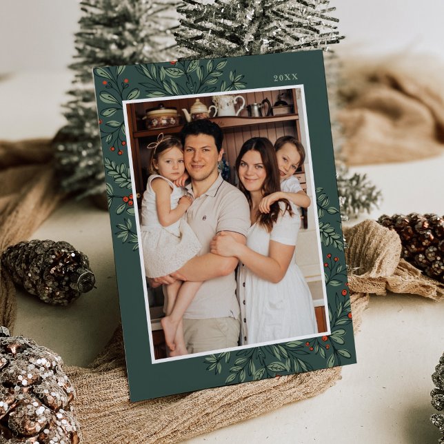 Christmas Floral Frame Photo Holiday Card (Creator Uploaded)