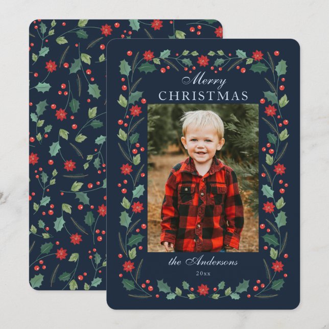 Christmas floral Frame Photo Navy Holiday Card (Front/Back)
