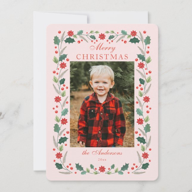 Christmas floral Frame Photo Pink Holiday Card (Front)