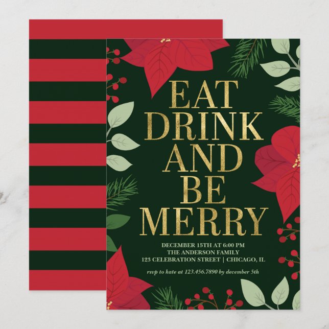 Christmas Floral Gold Eat Drink and Be Merry Party Invitation (Front/Back)