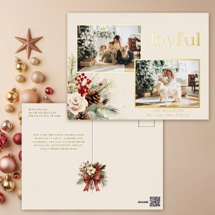 Christmas Floral Gold Joyful Text 2-Photo Foil Holiday Postcard