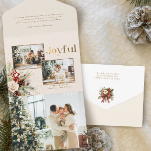 Christmas Floral Gold Joyful Text Multi-Photo All In One Invitation