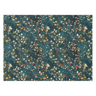 Christmas Floral Gold, White with red berries Tablecloth