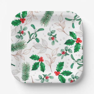 Christmas Floral Greenery Festive Winter Holidays Paper Plate