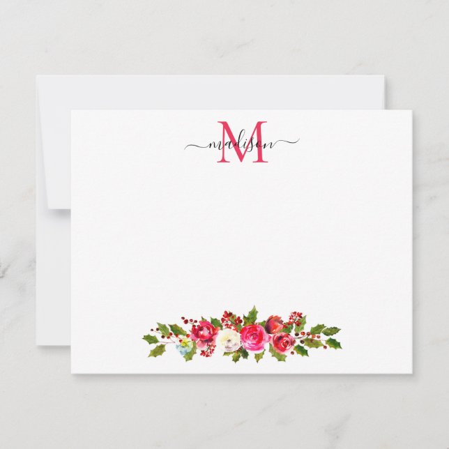 Christmas Floral Greenery Holly Berries Monogram Card (Front)