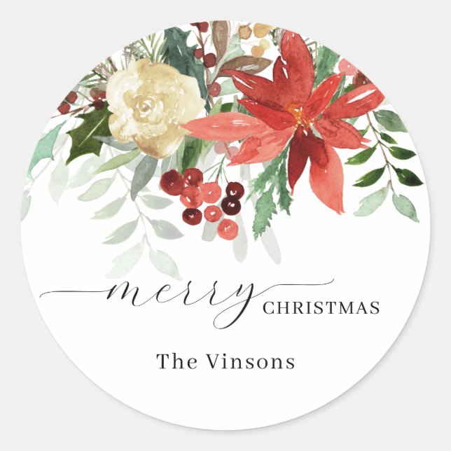 Christmas Floral Holiday Classic Round Sticker (Front)