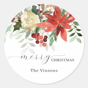 Christmas Floral Holiday Classic Round Sticker