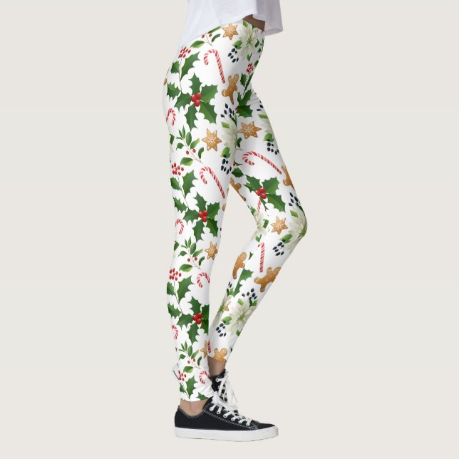Christmas Floral Holly Candy Canes Gingerbread Leggings (Right)