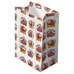 Christmas floral house and envelope pattern  medium gift bag