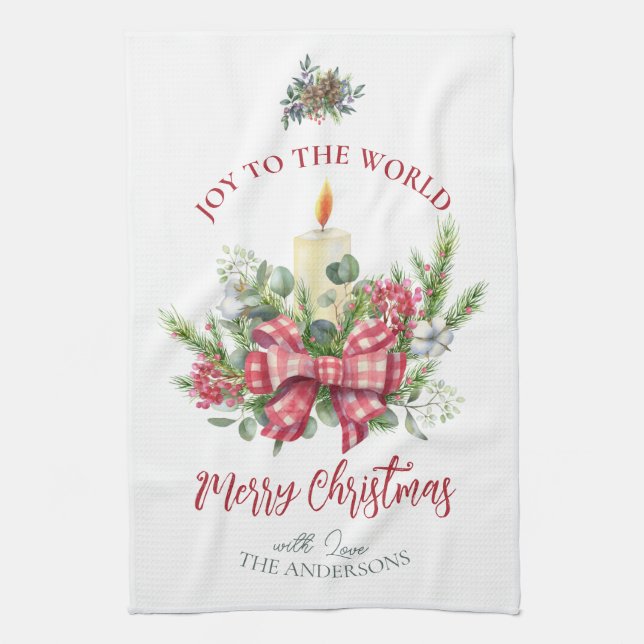 Christmas floral Joy to the world candle bow Tea Towel (Vertical)
